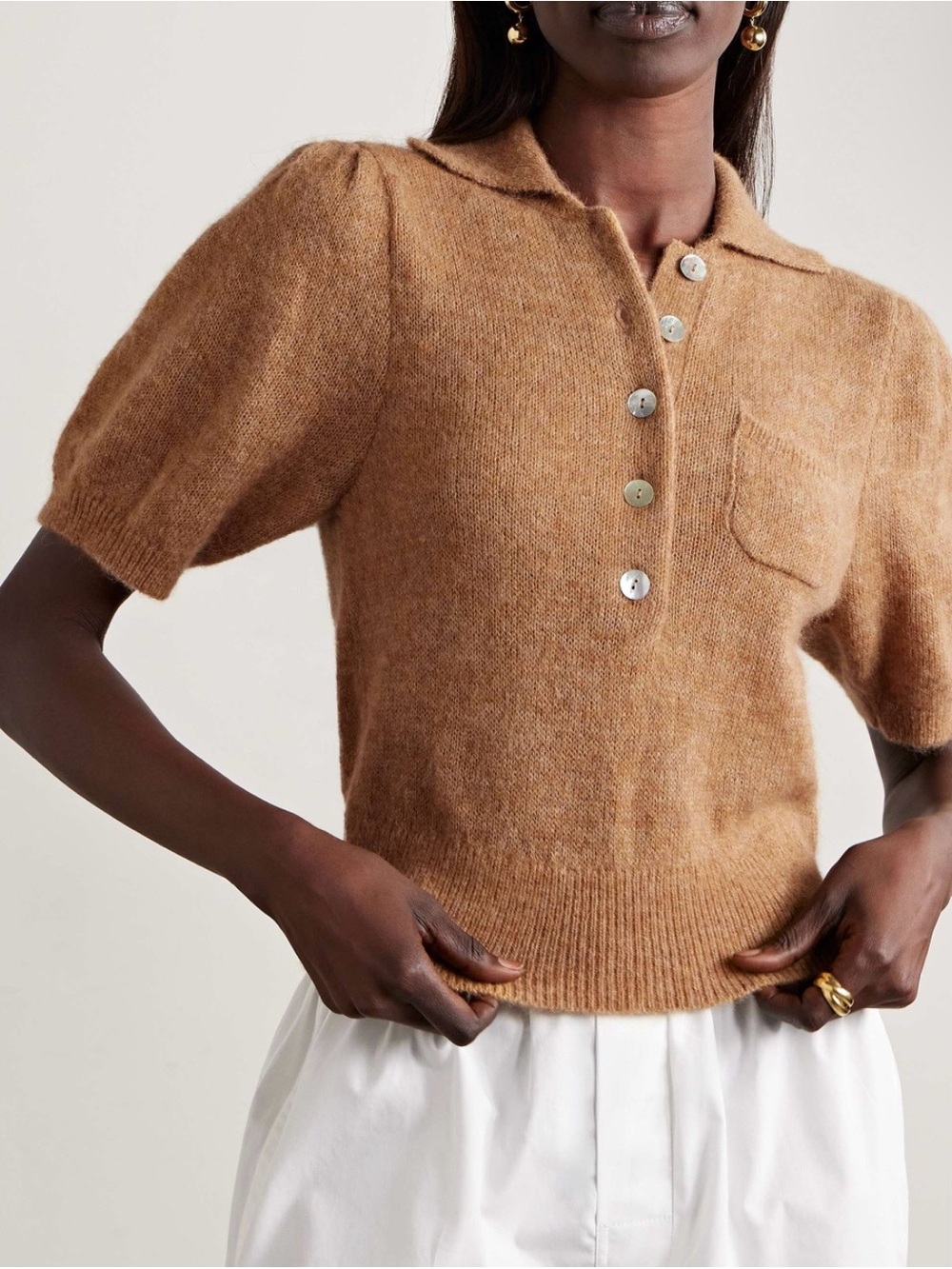 Doen Mila Cropped Alpaca Blend Short-Sleeve Polo Sweater in Hazelnut XXS NWT